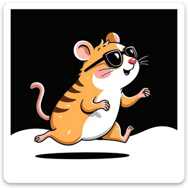 unique, colorful, hand-drawn, modern, realistic hamster with cool glasses, running energetically, solid black background, illustrated in Procreate on an iPad, not kiddish sticker