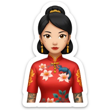 ancient woman with tatooed and cheongsam, NO pierce sticker