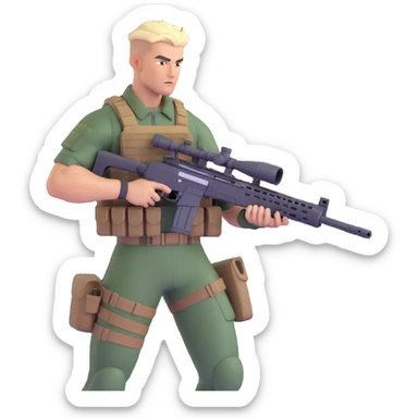 muscular soldier with a cool hairstyle holding a sniper rifle, dynamic pose, detailed uniform, action vibe sticker