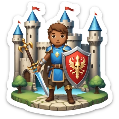 An icon symbolizing a RPG game, featuring a character holding a sword and shield, standing in front of a fantasy world with castles, dungeons and mythical creatures. The design emphasizes exploration, quests with elements like health bars and inventory icons. Transparent background sticker