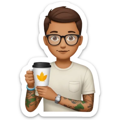 gözlük takan, dövmeli ve elinde kahve tutan, yaz kıyafetli insan sticker