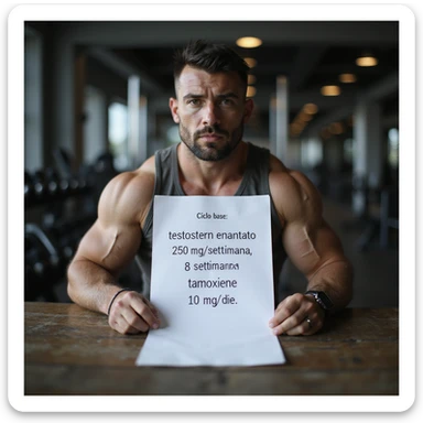 Bodybuilding coach sitting at a gym desk showing a sheet with the protocol clearly written: 'Ciclo base: testosterone enantato 250 mg/settimana, 8 settimane, tamoxifene 10 mg/die.' The coach appears serious and professional, realistic gym environment, hyperrealistic 4K details. sticker