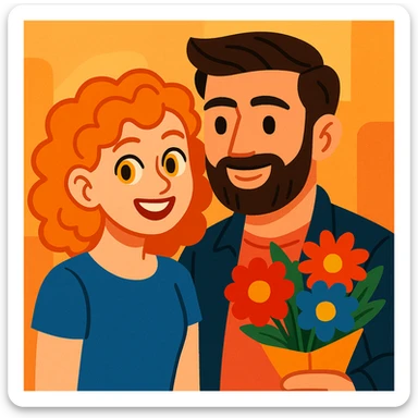 a curly haired girl with yellow eyes and hair parted from the right side, smiling beside a handsome bearded man holding a bouquet, modern, colorful, and charming sticker
