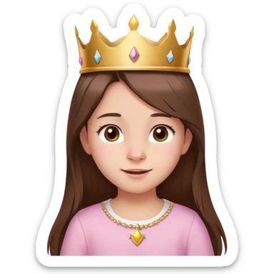 girl, straight long brown hair, brown eyes, baby pink shirt, gold crown, small birthmark left of nose, cheerful birthday expression sticker