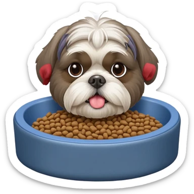 old ALL grey shih tzu in dog bed tongue hanging out with a bowl of food sticker