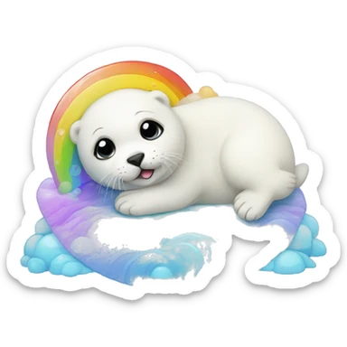 harp seal pup with a rainbow sticker