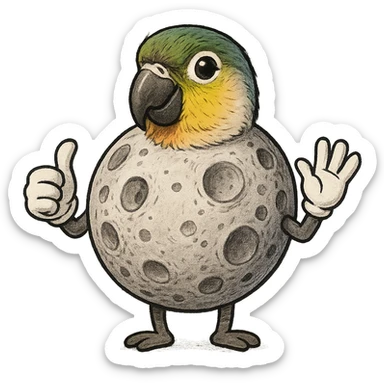 The Moon satellite with a small parrot head, with arms wearing gloves, winking sticker