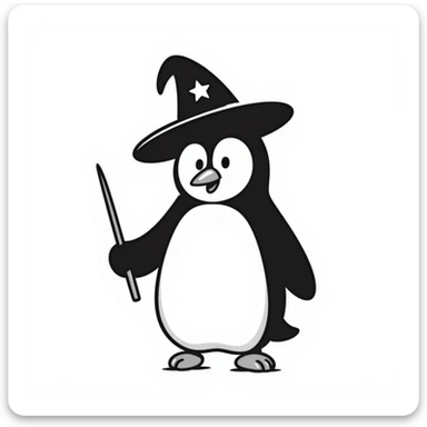 A penguin wizard with a pointy hat and a magic wand sticker