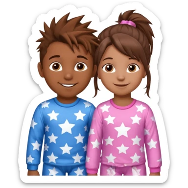 4 year old brown spikey haired boy with blue pajamas with stars on them and a 1 year old brown haired pony tail girl with pink pajamas, and stars on them with light skin. Top left on, can you make them smile more?  sticker