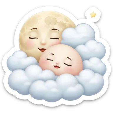 Cinematic adorable moon with a sleepy face, round and chubby, soft glowing light, tiny rosy cheeks, resting on a bed of fluffy clouds, dreamy and peaceful. sticker