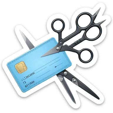 Floating black Scissors cutting a light blue military ID card in 2 parts .hyper realistic sticker