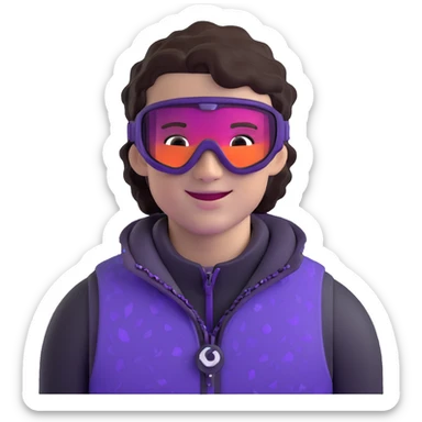 close-up of cool guy male athlete with white skin and moderately curly dark brown hair on top with shaved sides, wearing ski goggles with purple frames and very dark black lenses, winking behind the goggles, with an open mouth confident smile like a cool guy, a simple plain black chain necklace, and a completely unzipped sleeveless vest with purple and black sequin fire pattern design with no logo sticker