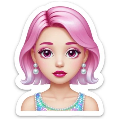 “Emoji girl, glossy pink eyelids, ombré cherry lips, soft contour, subtle glitter under eyes, pearl hair clips, trendy hairstyle, iridescent modern top.” sticker