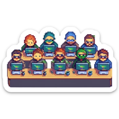 pixel art of a group of frontend developers with laptops, coding together, community vibe sticker
