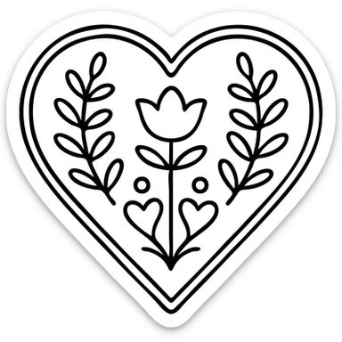 red heart with Scandinavian folk art nature motif, bright folk colors, simple and bold, black outline around the motif, gold border around heart, motif is clear at small size sticker