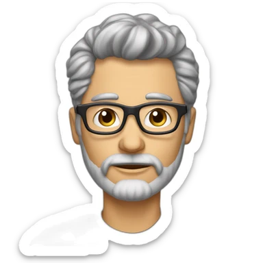 hombre de 55 años con el pelo muy corto y ondulado canoso, barba canosa cortita, boca grande y labios muy carnosos, ojos color gris claro, lentes de color negro sticker
