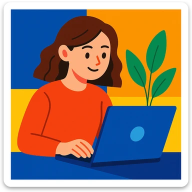 white girl with brown hair using a laptop, modern illustration style, vibrant colors sticker
