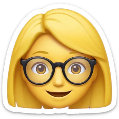 un emojis amarillo, con el cabello negro corto lacio,   con lentes violeta y una sonrisa sticker