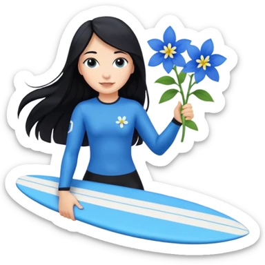 A girl with long black hair holding blue flowers surfing the sea sticker