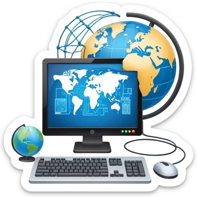 An icon featuring a computer monitor displaying code, a globe with network nodes, and a circuit board, symbolizing IT. The design includes data streams, cloud storage, and a keyboard, representing digital innovation, connectivity, and problem-solving. Transparent background sticker