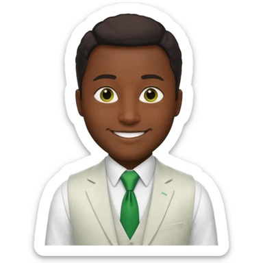 businessman, black skin, brown eyes, white suit vest, green tie sticker
