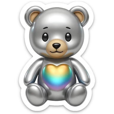 A cute teddy bear emoji made of liquid silver chrome, smooth rounded body, glossy metallic surface, soft reflections, friendly proportions, iOS emoji style, centered, clean white background sticker