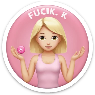 angelic blonde girl in light pink yoga outfit pushing "FUCK" pink button sticker