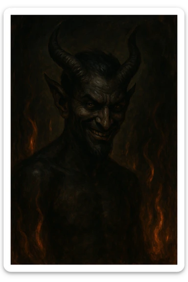 Sheitan, a classic demon with dark features, pointed ears, sly grin, surrounded by subtle flames sticker