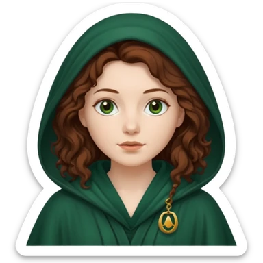 A white woman, a little heavier face, with long dark auburn hair robed and hooded like she's a Traitor in the tv show The Traitors. her hair is slightly curly, but kinda frizzy, not with defined curls, and the robe is a very dark green color sticker
