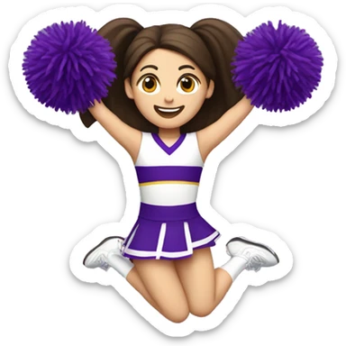 Caucasian cheerleader with long dark brown hair, jumping and holding up two purple Pom poms, small full body emoji sticker