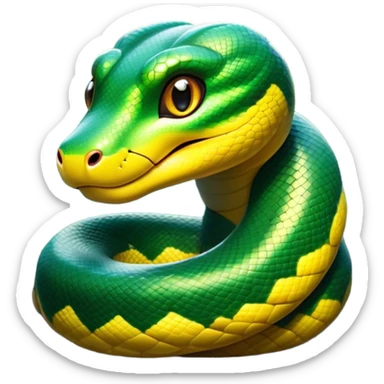 Cinematic Cute Anaconda Portrait Emoji, Head tilted playfully and inquisitively, with a sleek, shimmering body adorned with detailed scale patterns and round, sparkling eyes full of wonder, Simplified yet irresistibly adorable features, highly detailed, glowing with a warm, friendly jungle glow, high shine, affectionate and lively, stylized with a touch of whimsical reptilian charm, soft glowing outline, capturing the essence of a mischievous serpent that feels like it could slither out of the screen into your arms! sticker