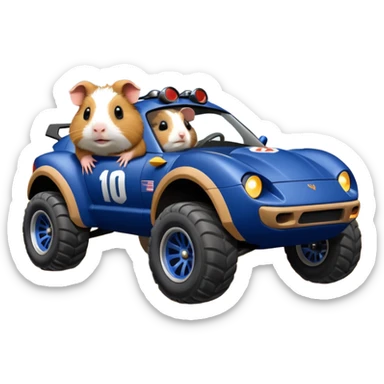 After-race dirt covered Midnight blue Local Motors Rally Fighter off road race car being driven by a five foot tall Guinea pig  sticker