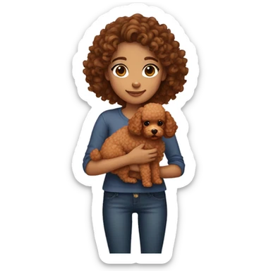 curly brown haired girl holding an apricot coloured poodle sticker