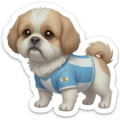 white and light brown shih zhu wearing a Argentina soccer jersey v neck 2026 work cup sticker