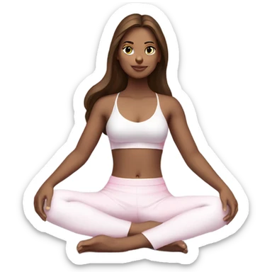 A girl with brown long hair, fair skin and brown eyes is sitting in a lotus position in a white bra top and pink skirts sticker
