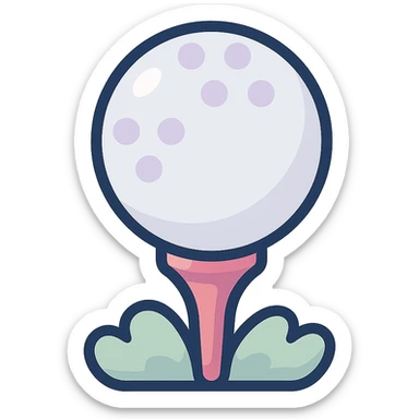golf ball on a tee stand with soft grass detail, icon-color-outlined style, detailed shading, thin clean outlines, soft rounded features, pastel palette #98B5BC #B5B3C1 #C9A3C9 #E4C0CA #F7DCD1 #F7C0AA, Japanese pop art, sticker look, highly detailed, vector clarity, soft lighting, subtle shadows, transparent background sticker