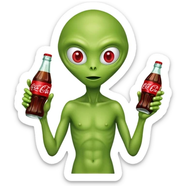 green alien holding a Coca-Cola bottle sticker