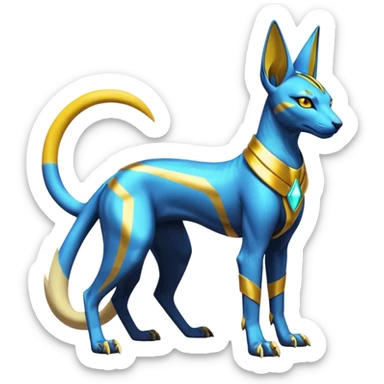 Modern futuristic shiny colorful Anubis-Sphynx-Lombax-Zeraora-Renamon-fusion (full body) sticker