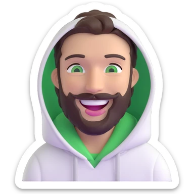 laughing guy with white hoodie, green eyes, dark brown hair and a short full beard sticker