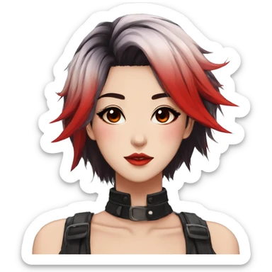 Gorgeous anime style lady with blushing face aesthetic and pretty edgy black red punk hair with hair garment trending style sticker