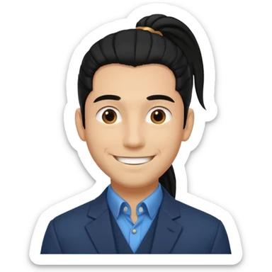 black long pony tail hair man with polite outfit smile warmly sticker