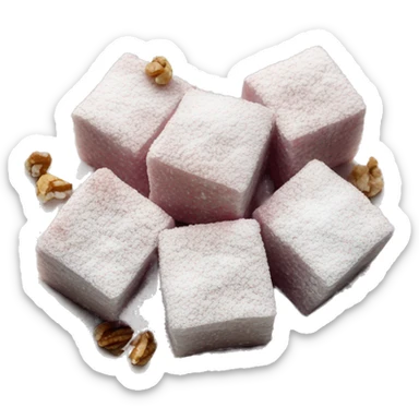 Turkish delight stacked cubes with chopped walnuts and covered with powdered sugar, on a porcelain plate sticker