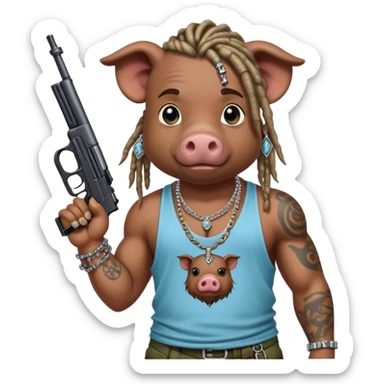 african-american race pig with dreads looking gangster with gun and tank top, with diamond blinging chain, with tattoos sticker