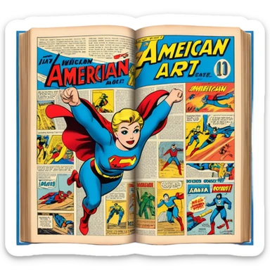 Create a vibrant emoji representing comic books and graphic novels. The design should feature a large, open comic book or vintage comic magazine with pages displaying classic American comic art, with text in Russian. The comic pages should have bold, dynamic panels and action scenes. Include a pencil writing on the pages, but without a hand, to symbolize the artistic creation of comics. Use bright colors like red, blue, and yellow, with a retro feel to the design. Make the background transparent. sticker
