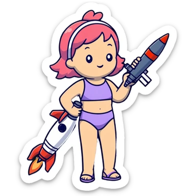 girl in a swimsuit with a telescope and a rocket sticker