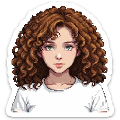girl with curly chestnut hair wearing a white t-shirt sticker