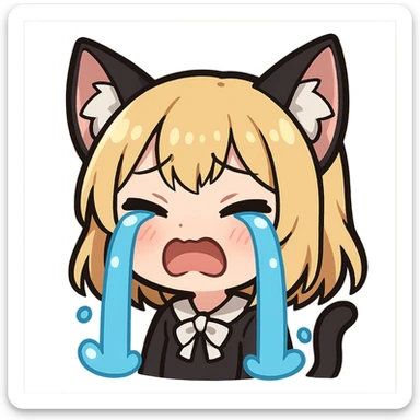 chibi anime catgirl with black and white cat ears, blonde hair, blue eyes, white skin, cute, crying expression, Twitch emote sticker