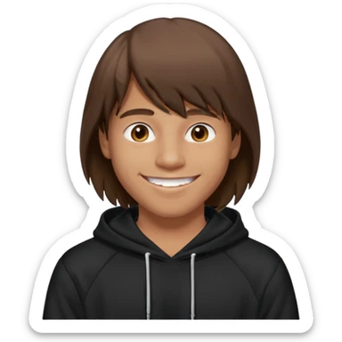 20 yr old man, brown hair, straight, big smile, white teeth, tanned skin, bangs, black hooded sweatshirt, long hair in back, middle parted bangs sticker