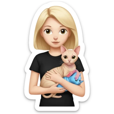 A white girl with light hair in black T-shirt is holding one Sphynx girl cat in her arms sticker