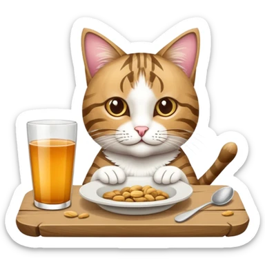 grau weiße Katze auf Tisch mit einem Teller Frikadellen vor sich sticker